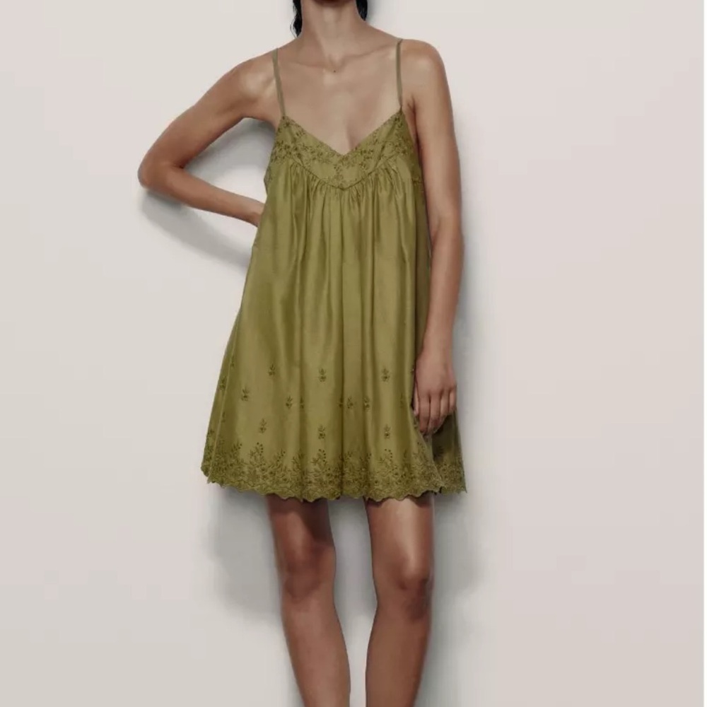 Zara Olive Green Embroidered halter camisole dress